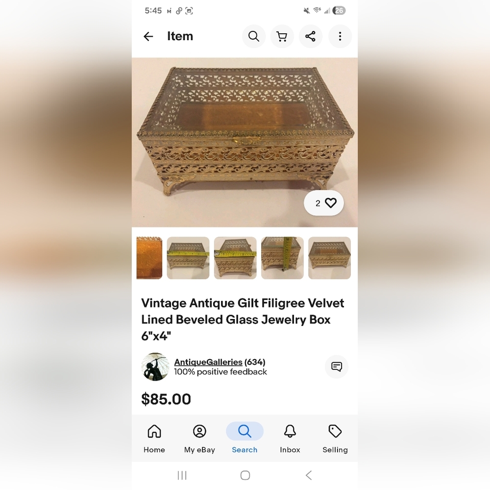 Vintage Antique Gilt Filigree Velvet Lined Beveled Glass Jewelry Box 6"x4" - Picture 8 of 8